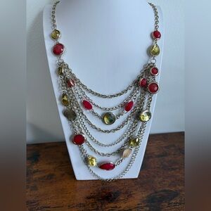Macy's Multi-Layered Necklace with Berry and Yellow Stones, Gold Tone Disc.